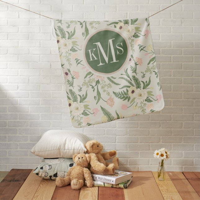 Soft Mint Green Garden Flower Pattern Baby Blanket (In Situ)