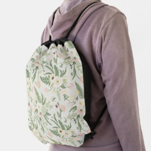 Soft Mint Green Garden Flower Pattern Drawstring Bag