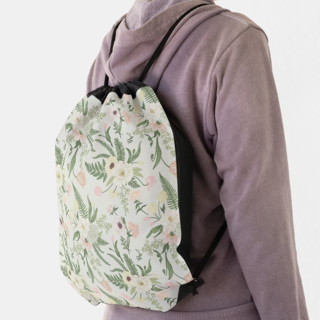 Soft Mint Green Garden Flower Pattern Drawstring Bag (Insitu)