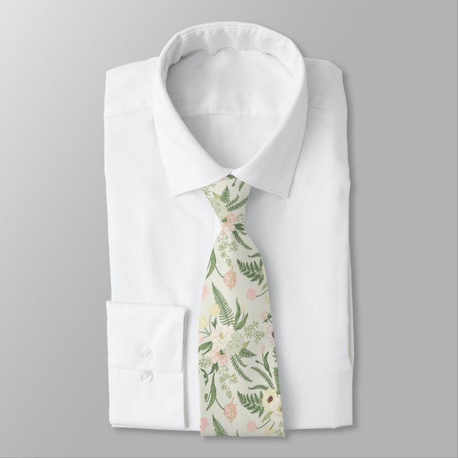 Soft Mint Green Garden Flower Pattern Neck Tie (Tied)