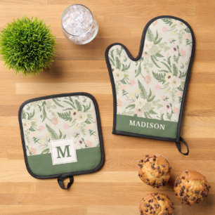 Soft Mint Green Garden Flower Pattern Oven Mitt & Pot Holder Set