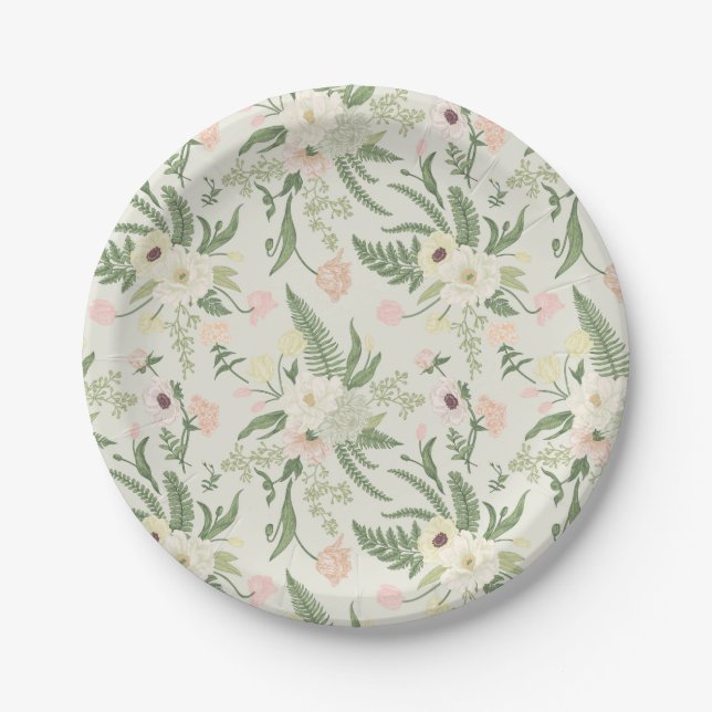 Soft Mint Green Garden Flower Pattern Paper Plates (Front)