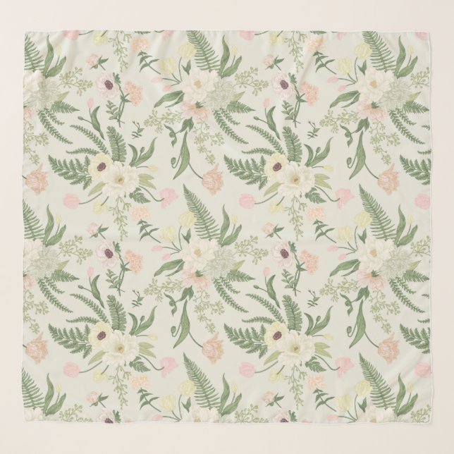 Soft Mint Green Garden Flower Pattern Scarf (Front)