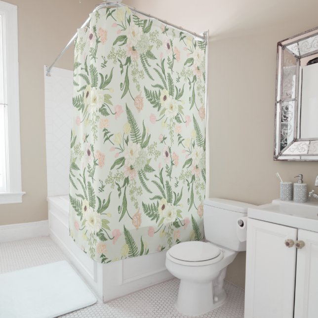 Soft Mint Green Garden Flower Pattern Shower Curtain (In Situ)