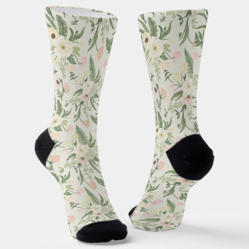 Soft Mint Green Garden Flower Pattern Socks