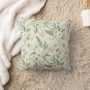 Soft Mint Green Garden Flower Pattern Throw Pillow