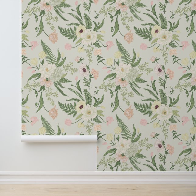 Soft Mint Green Garden Flower Pattern Wallpaper (Application)