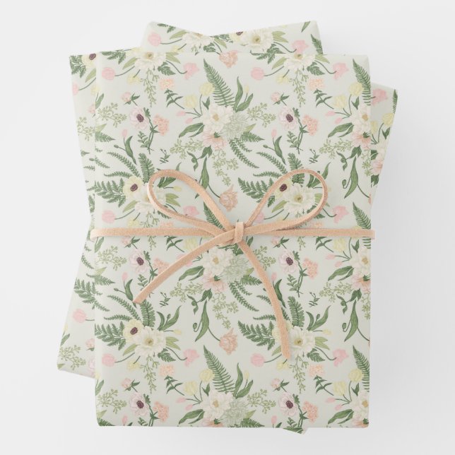 Soft Mint Green Garden Flower Pattern Wrapping Paper Sheets (In situ)