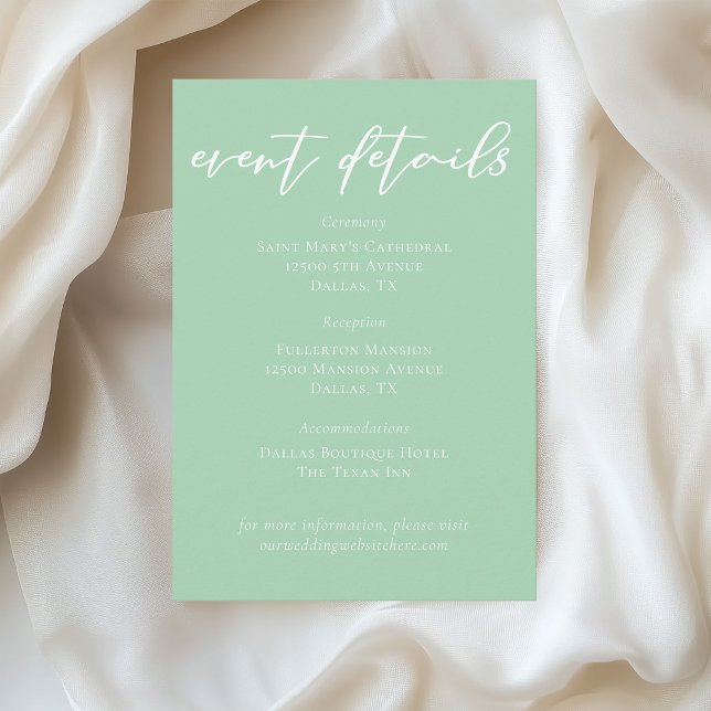 Soft Mint Green White Script Wedding Event Details Enclosure Card (Creator Uploaded)