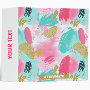 Soft Mint Pink Spring Gold Abstract Brushstrokes 3 Ring Binder