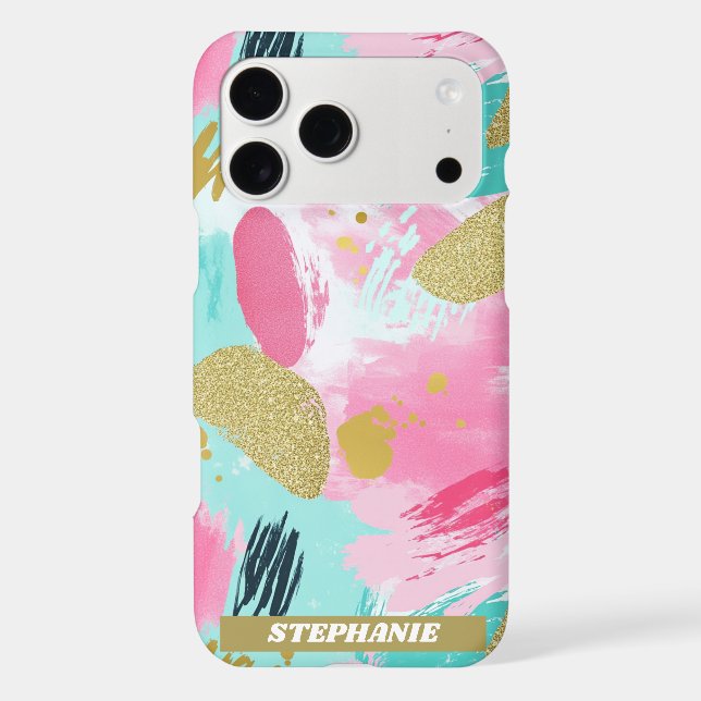 Soft Mint Pink Spring Gold Abstract Brushstrokes iPhone Case (Back)