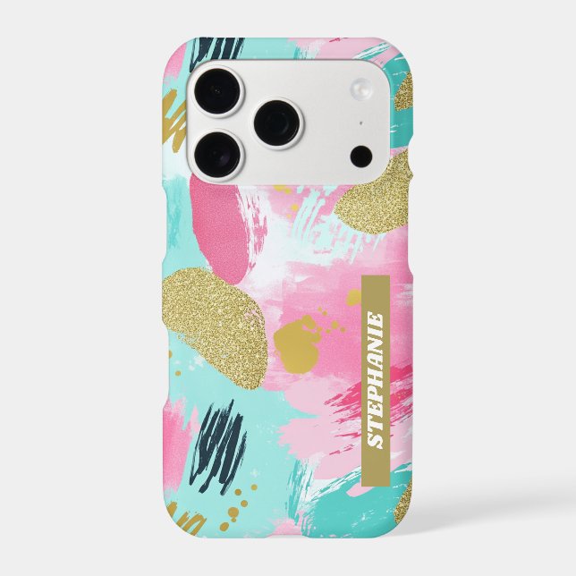 Soft Mint Pink Spring Gold Abstract Brushstrokes Iphone Case (Back)