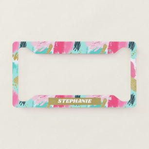 Soft Mint Pink Spring Gold Abstract Brushstrokes License Plate Frame