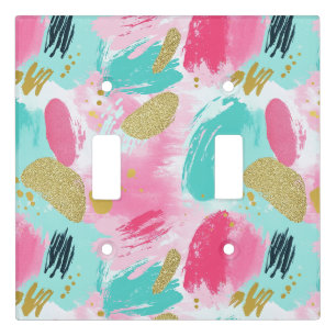 Soft Mint Pink Spring Gold Abstract Brushstrokes Light Switch Cover