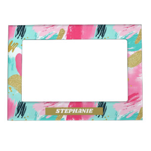Soft Mint Pink Spring Gold Abstract Brushstrokes Magnetic Frame