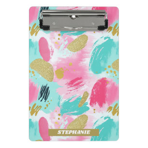Soft Mint Pink Spring Gold Abstract Brushstrokes Mini Clipboard