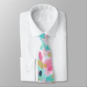 Soft Mint Pink Spring Gold Abstract Brushstrokes Neck Tie