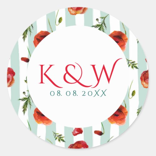 Soft Mint  White Stripes With Red Poppies Patter Classic Round Sticker