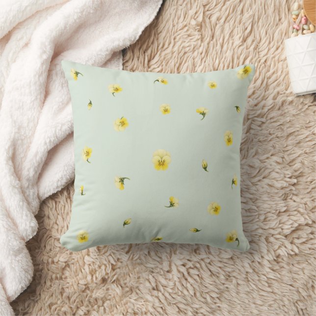 Soft Mint Yellow Viola Floral Pattern Throw Pillow (Blanket)