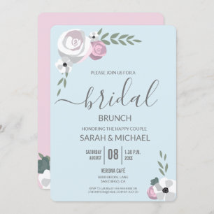 Soft Mist blue blush pink Flower Bridal brunch Invitation