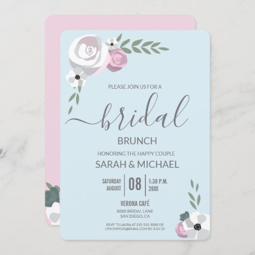 Soft Mist blue blush pink Flower Bridal brunch Invitation