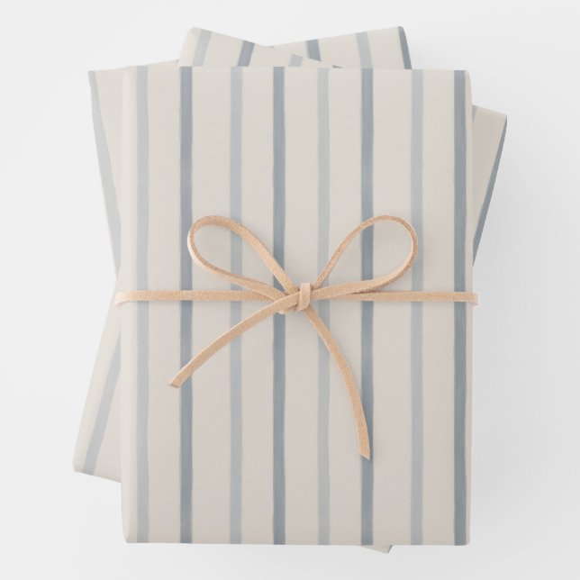 Soft Mist Blue Painterly Ticking Stripe Pattern Wrapping Paper Sheets (In situ)