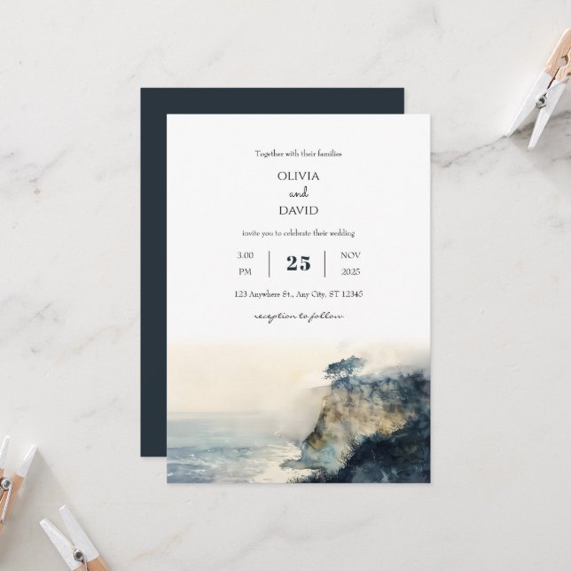 Soft Misty Coastal Cliff Morning Beach Wedding  Invitation (Front/Back In Situ)