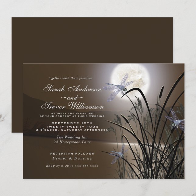 Soft Mocha Wedding Full Moon Dragonfly Pond  Invitation (Front/Back)