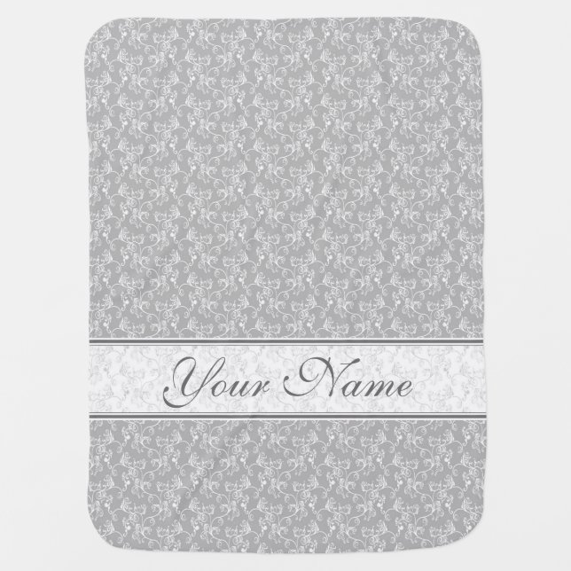 Soft Modern White&Grey Named Damask Swaddle Blanket (Front)