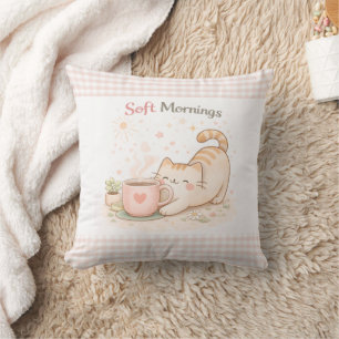Soft Morning Cute Kitty Cat Pink Gingham Home  Throw Pillow
