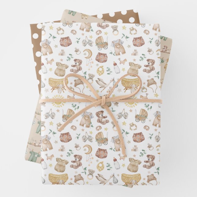 Soft Muted Boho Baby Nursery Clothes Toys Wrapping Paper Sheets (In situ)