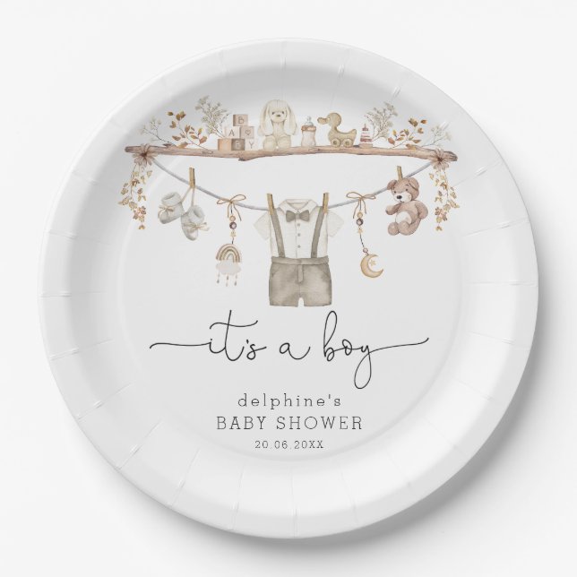 Soft Muted Boho Little Gentleman Boy Baby Shower Paper Plates (Front)