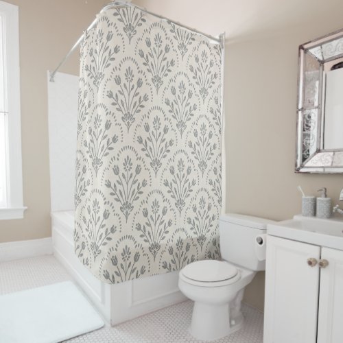Soft Muted Charcoal & Beige Floral Scallop Pattern Shower Curtain