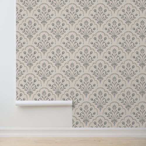 Soft Muted Charcoal & Beige Floral Scallop Pattern Wallpaper