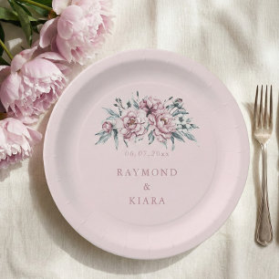 Soft Muted Dusty Pink Peony Wedding Paper Plates