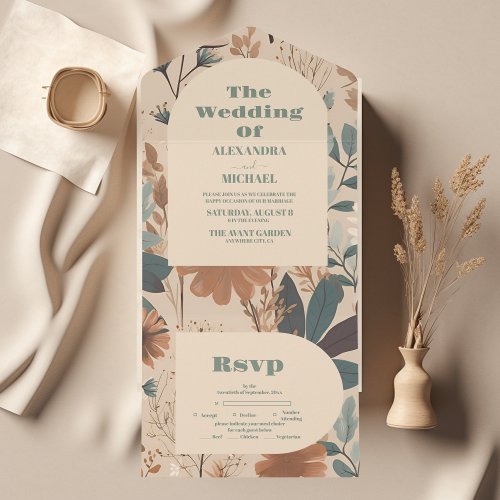 Soft muted earth tones Wildflowers Wedding All In One Invitation