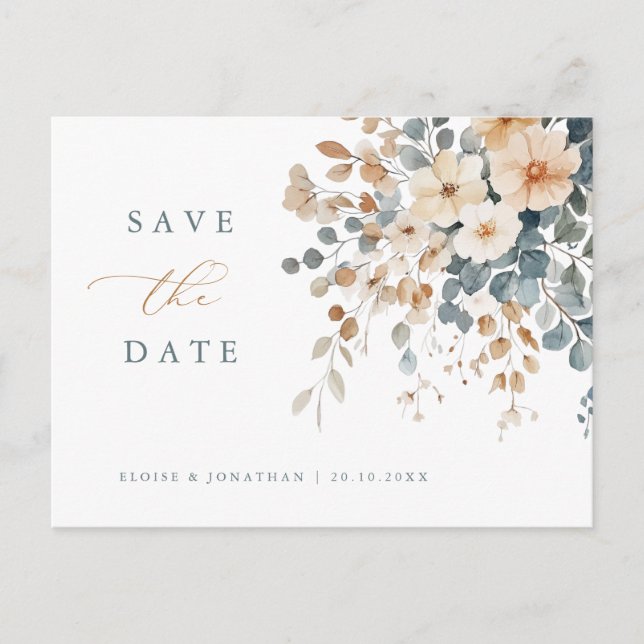 Soft Muted Earthy Tone Floral  Save the Date Postcard (Front)