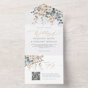 Soft Muted Earthy Tone Floral Watercolor Wedding All In One Invitation