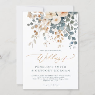 Soft Muted Earthy Tone Floral Watercolor Wedding Invitation
