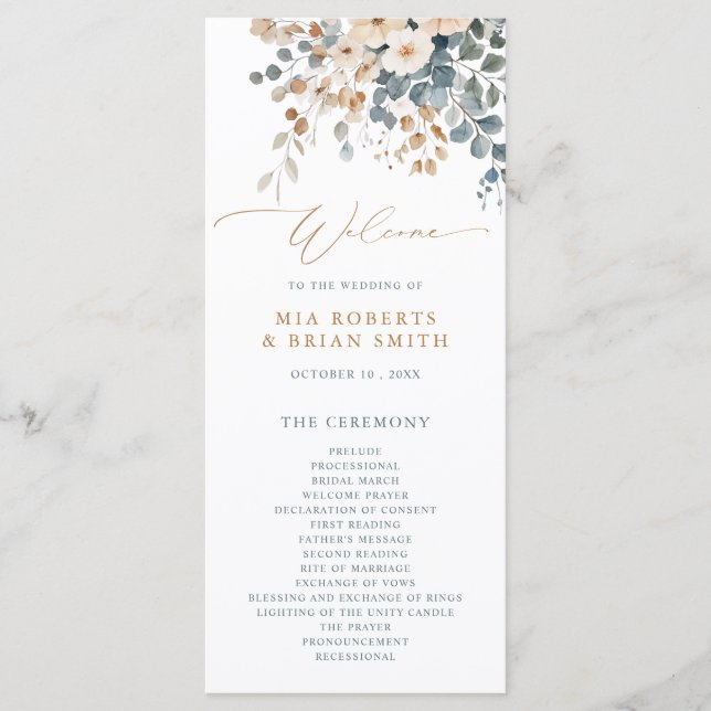 Soft Muted Earthy Tone Floral Watercolor Wedding Program (Front)