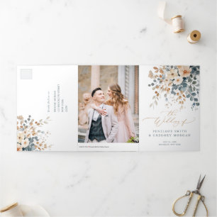 Soft Muted Earthy Tone Floral Watercolor Wedding Tri-Fold Announcement