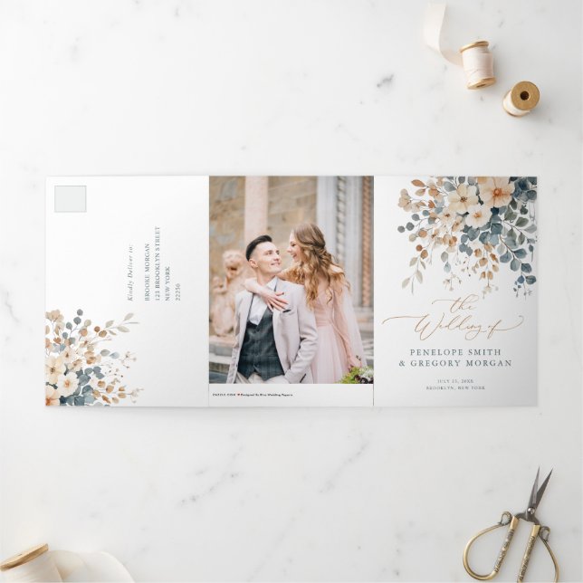 Soft Muted Earthy Tone Floral Watercolor Wedding Tri-Fold Announcement (Outside)