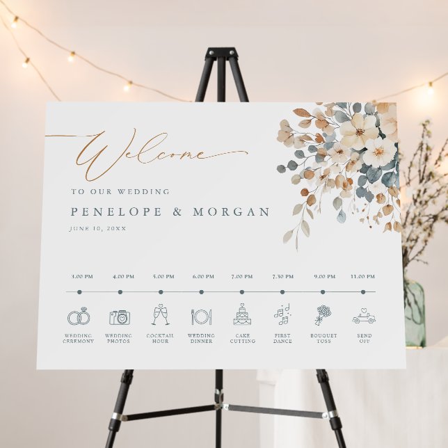 Soft Muted Earthy Tone Wedding  Welcome Timeline Foam Board (In Situ (Stand))