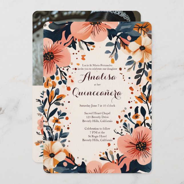Soft Muted Floral Frame Quinceañera CUSTOM Photo Invitation (Front/Back)