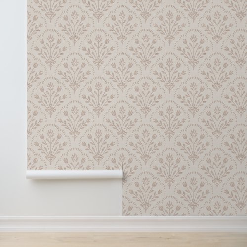 Soft Muted Taupe & Beige Floral Scallop Pattern Wallpaper