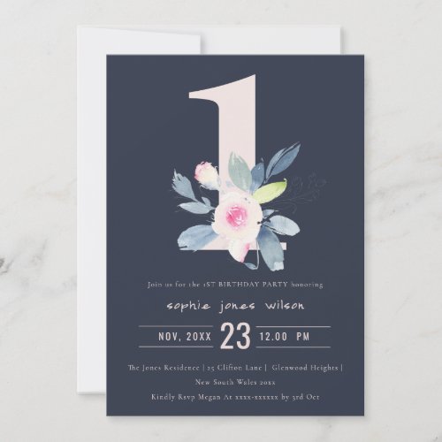 SOFT NAVY BLUSH BLUE FLORAL 1st ANY AGE BIRTHDAY Invitation