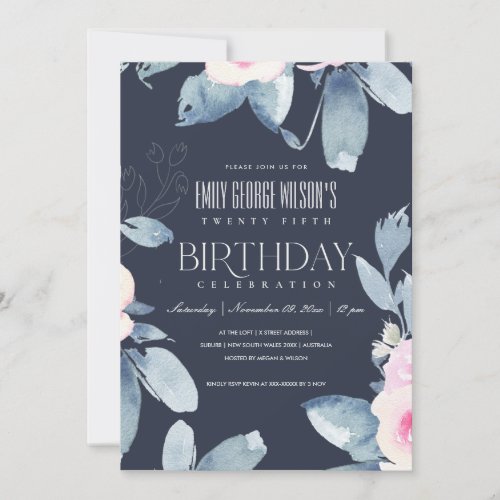 SOFT NAVY BLUSH BLUE FLORAL 25th ANY AGE BIRTHDAY Invitation