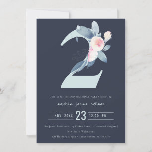 SOFT NAVY BLUSH BLUE FLORAL 2nd ANY AGE BIRTHDAY Invitation
