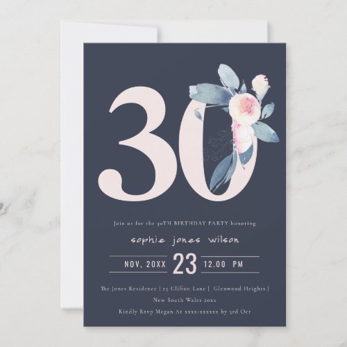 SOFT NAVY BLUSH BLUE FLORAL 30TH ANY AGE BIRTHDAY INVITATION