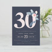 SOFT NAVY BLUSH BLUE FLORAL 30TH ANY AGE BIRTHDAY INVITATION (Standing Front)